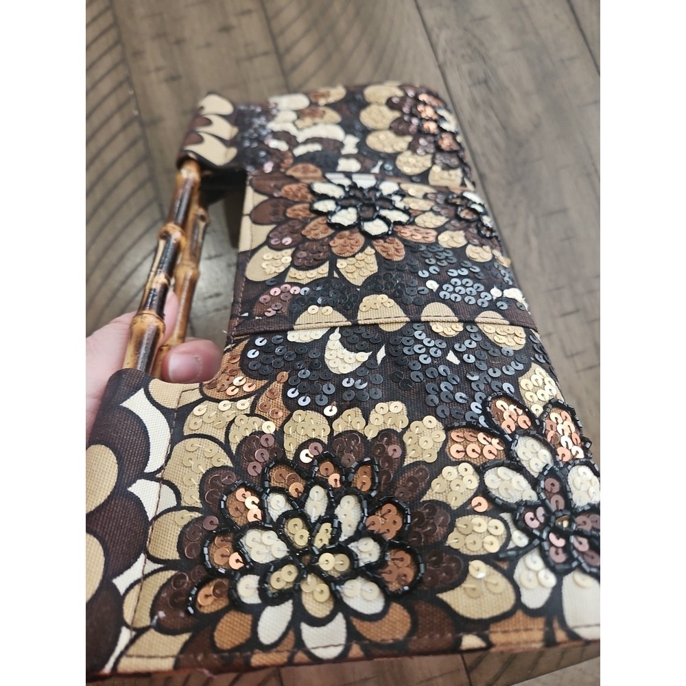 The Limited Handbag Neutral Sequin Floral Clutch Bamboo Handles Mod Chic Coastal - Picture 7 of 16